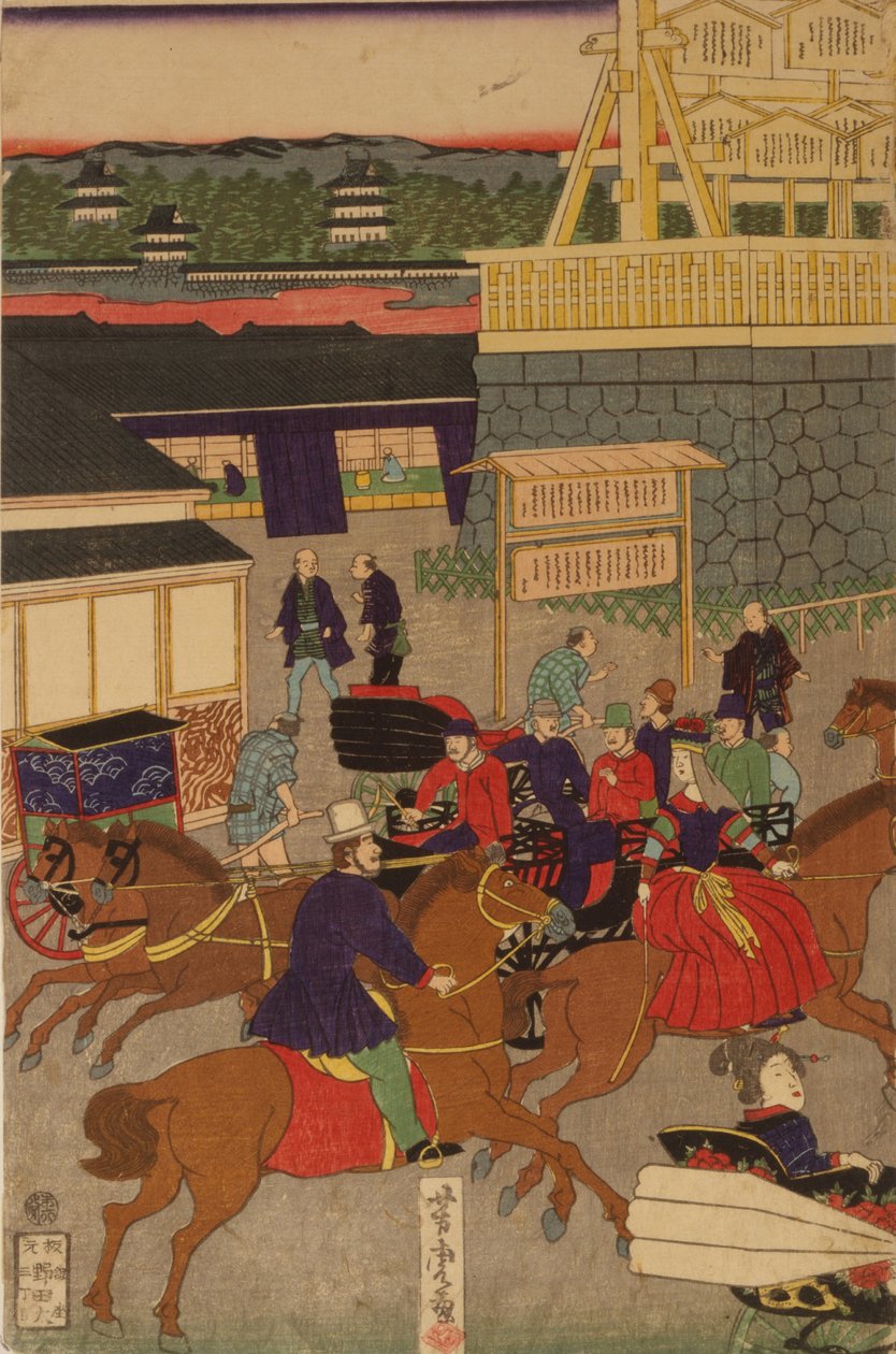Section florissante de Nihonbashi à Tokyo. Tokyo Nihonbashi han ei no zu Triptyque - Utagawa Yoshitora