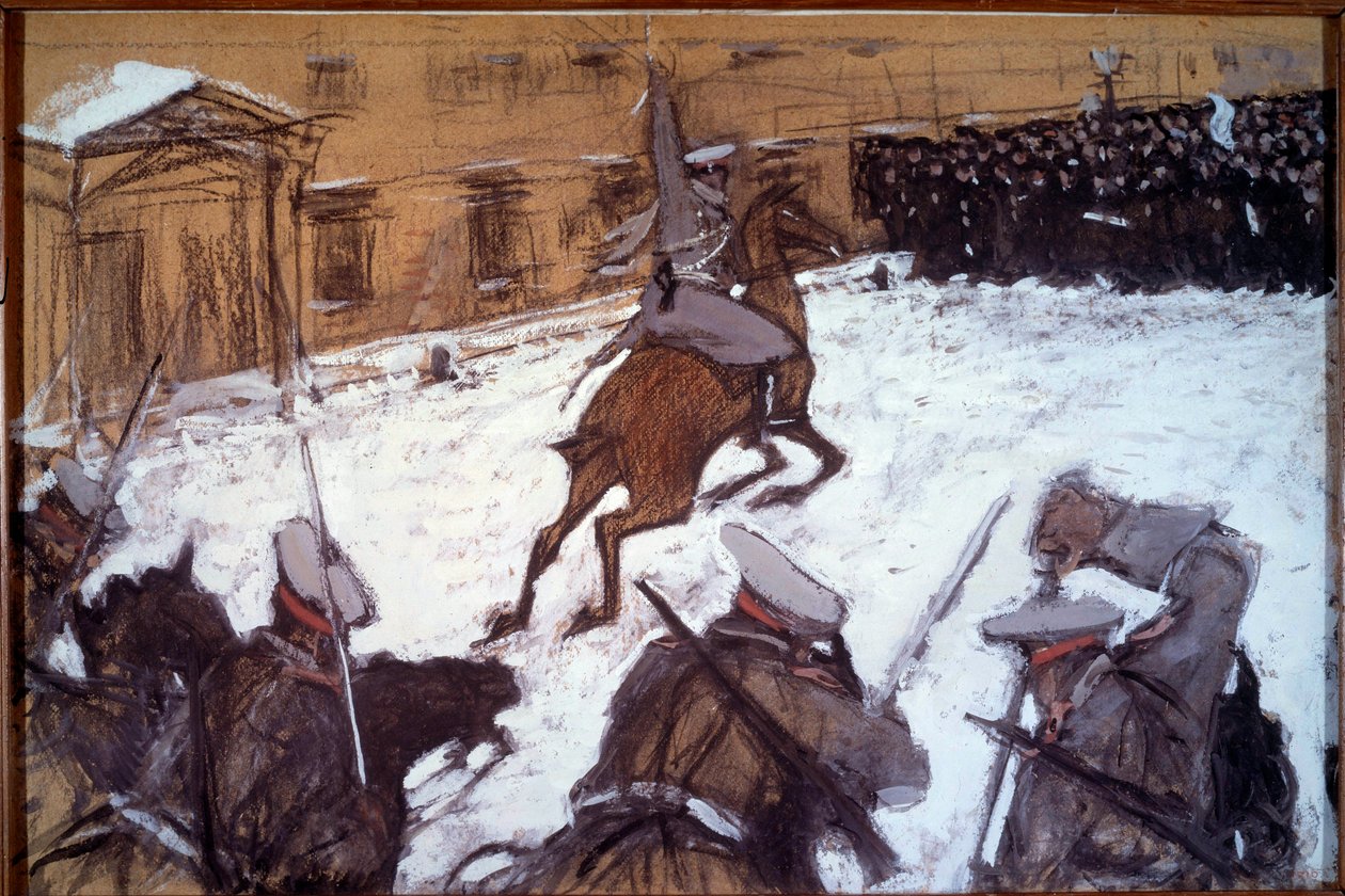 Dimanche Rouge (Dimanche Sanglant) à Saint-Pétersbourg : Répression militaire lors des manifestations de 1905 à Saint-Pétersbourg la cavalerie du Tsar Nicolas II charge contre les grévistes venus protester pacifiquement devant le Palais d