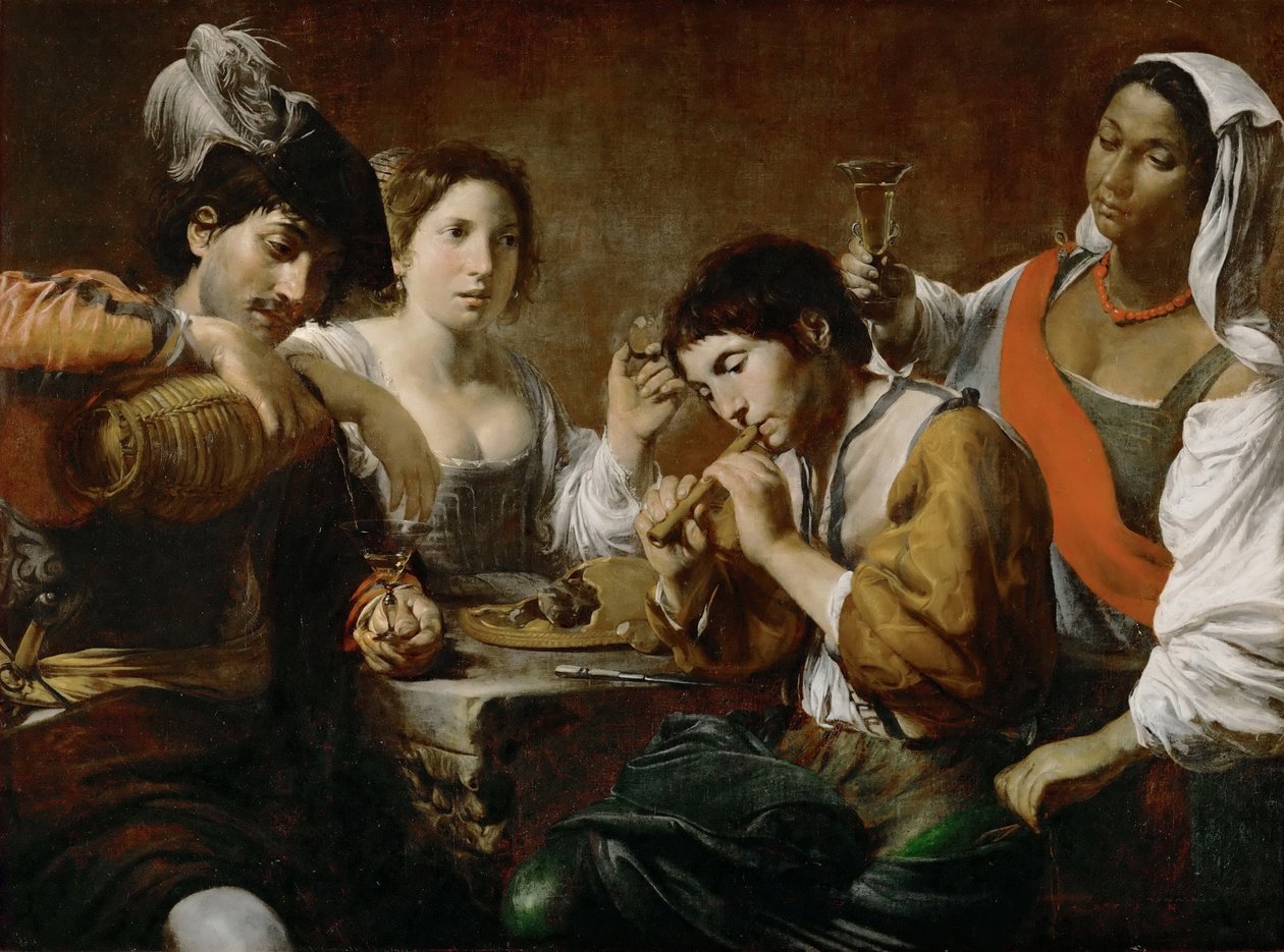 Réunion dans une taverne Musicien et buveurs - Valentin de Boullogne