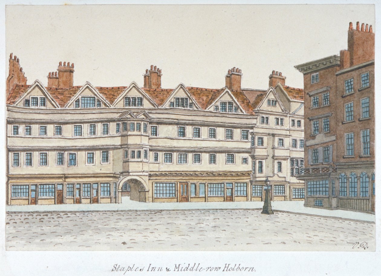 Vue de Staple Inn et des bâtiments de Middle Row au centre de Holborn, Londres, 1850 - Valentine Davis