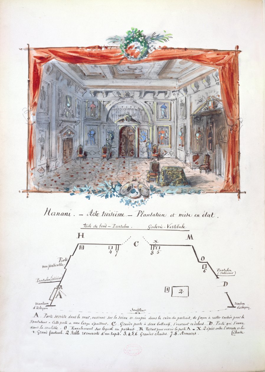Décor de scène et directions pour une production de Hernani par Victor Hugo (1802-85), 1879 - Valnay Pere et fils