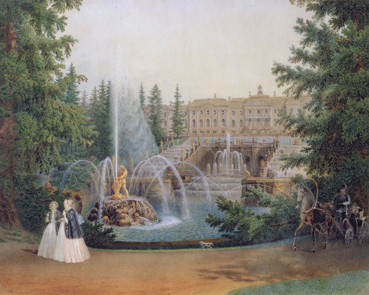 Vue de la Cascade de Marly depuis le Jardin Inférieur du Palais de Peterhof, vers 1830-60 - Vasili Semenovich Sadovnikov