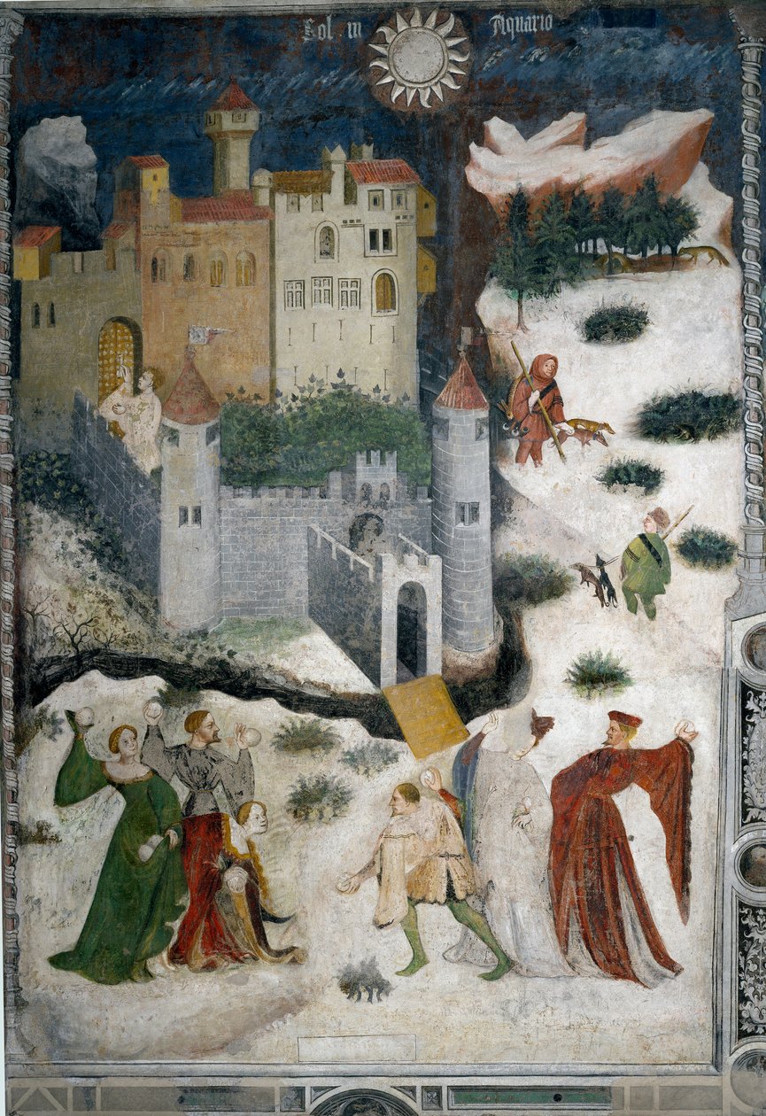 Mois de janvier : paysage enneigé avec aristocrates et chasseurs. Les aristocrates jouent aux boules de neige tandis que les chasseurs partent à la chasse avec leurs chiens. En bas, le château de Castello di Stenico et un homme avec la clé prêt à ouvrir la - Venceslao Maestro