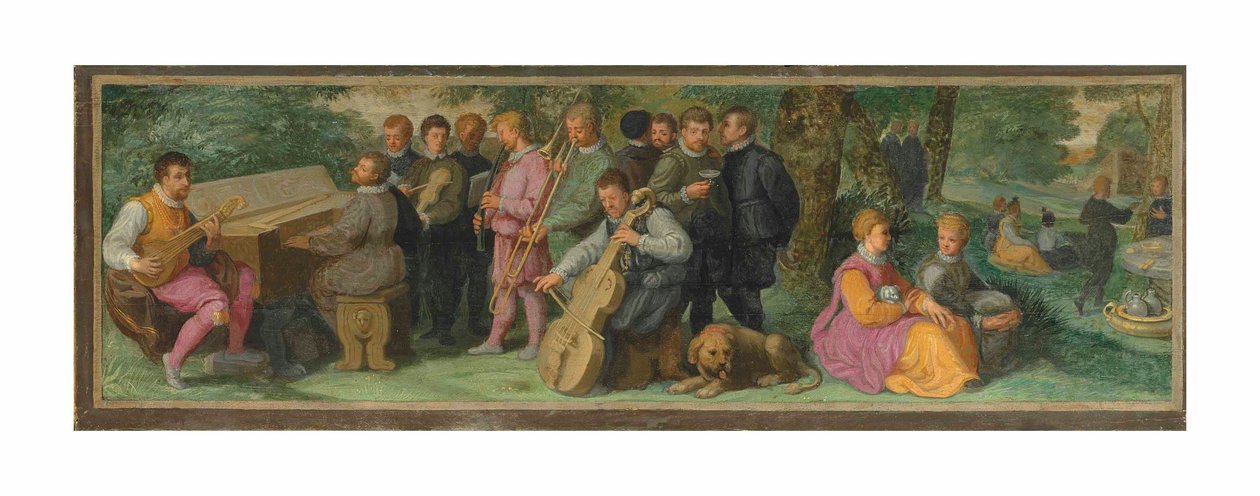 Un concert pastoral, avec des figures élégantes jouant du cistre, du clavecin, du violon, du cornet, du trombone et du violoncelle - Venetian School