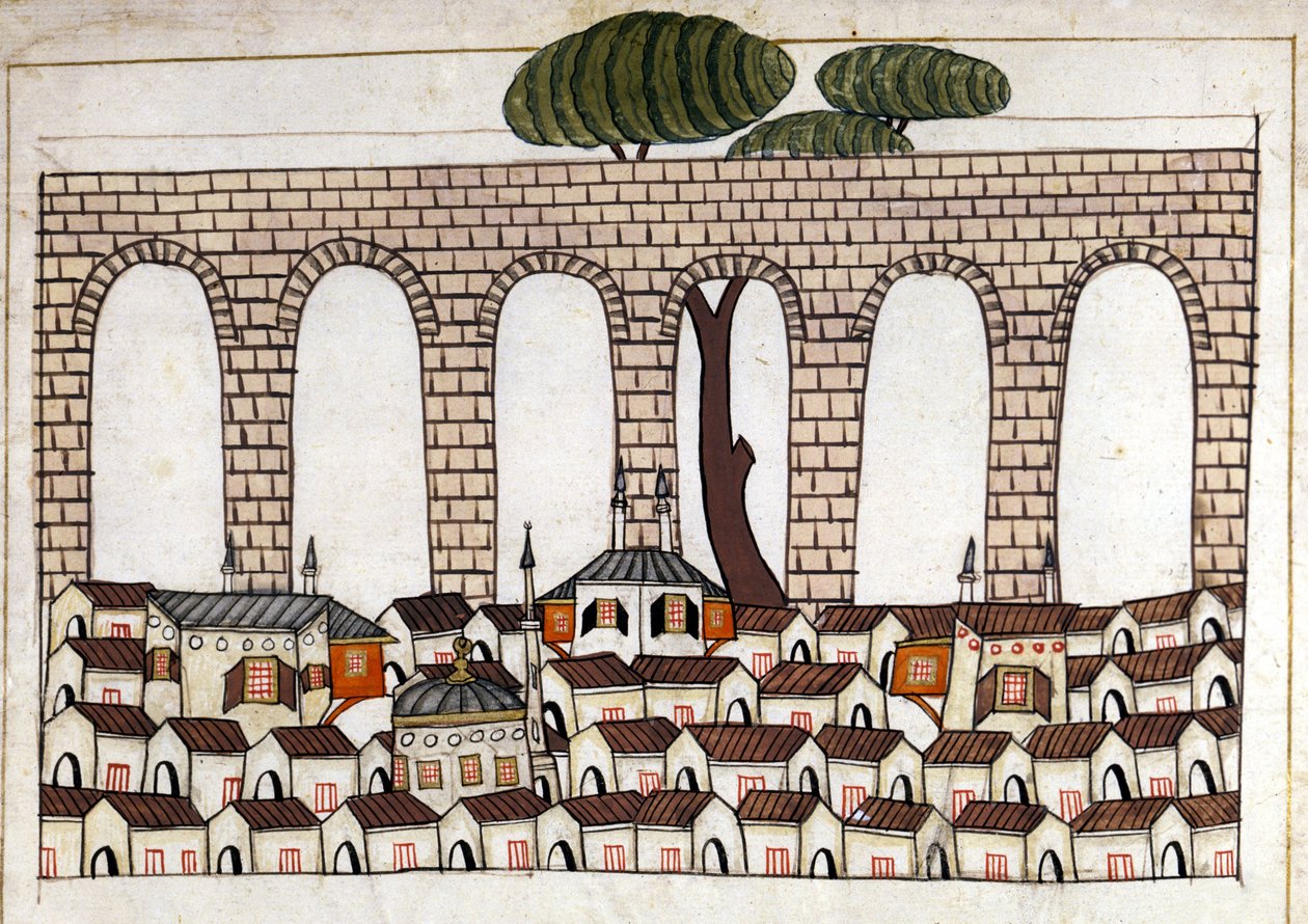 Vue de Constantinople et de son aqueduc. Miniature de « Mémoires turques » (codex Cicogna 1971 « Memorie Turchesche ») Aquarelle de l