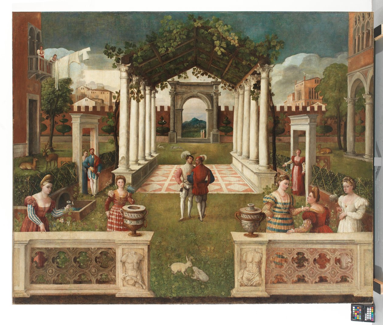 Un jardin architectural classique avec des figures élégantes, un paysage montagneux au-delà - Veronese School