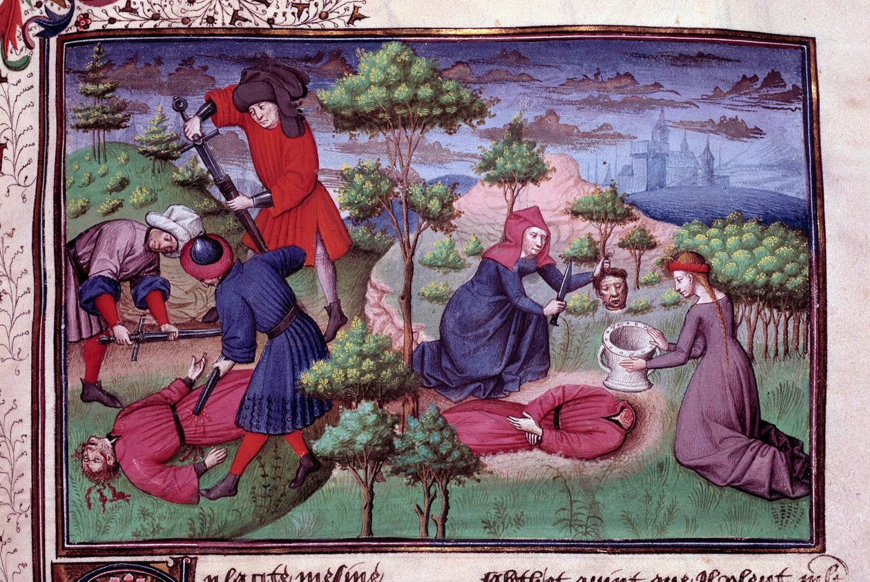 Scène de meurtre de deux hommes dont les meurtriers leur coupent la tête. Page d