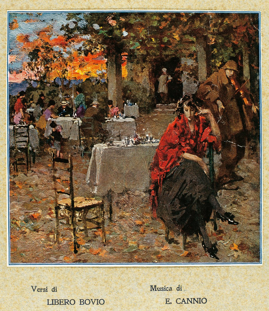 Restaurant en plein air, illustration pour une collection de chansons napolitaines, Italie, 20ème siècle - Vicenzo Irolli