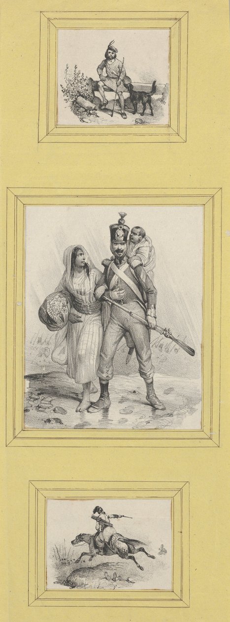 Soldaten und ein Highlander (3 Drucke unterschiedlicher Größe auf ein gelbes Blatt geklebt) - Victor Adam