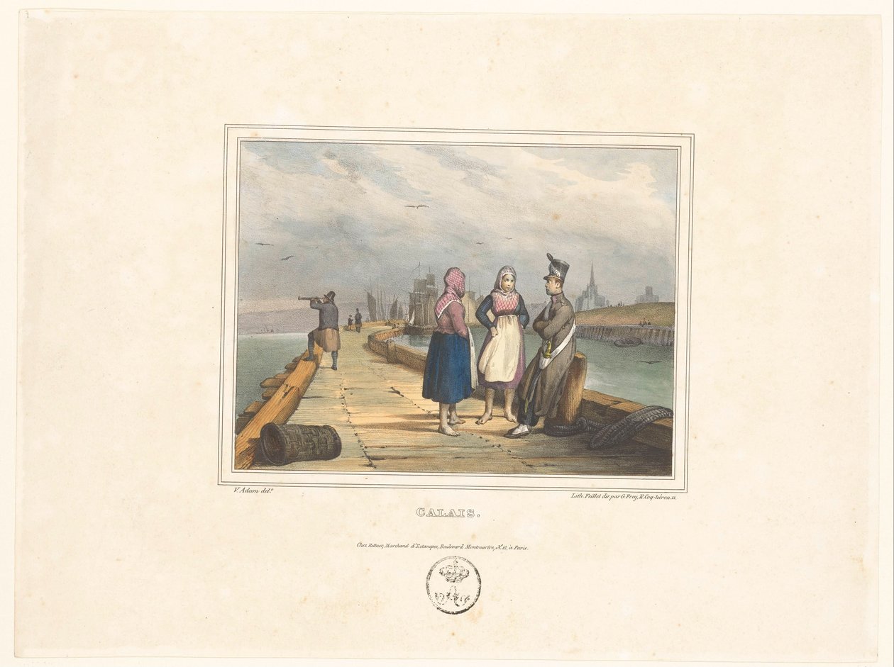 Deux filles et un soldat sur le quai à Calais (série: Costumes des habitants des ports, Costumes de marins, dessinés dans les ports) - Victor Adam