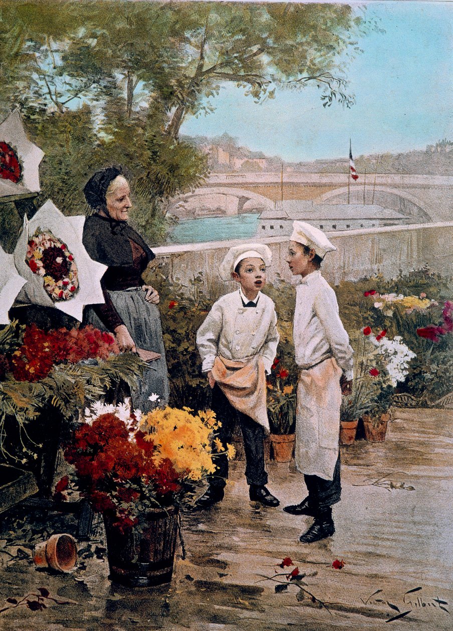 La fête du patron Apprentis fleuristes et une boutique de fleurs sur les quais. Gravure d