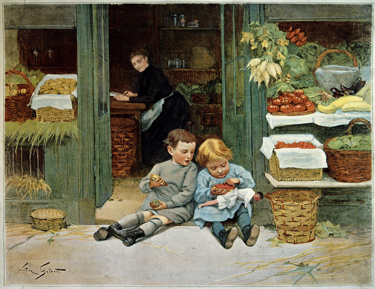 Tour lui. Enfant mangeant du pain grillé devant les courses de leur mère. La petite fille a une poupée sur ses genoux - Victor Gabriel Gilbert