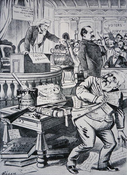 Grover Cleveland (1837-1908) disant la vérité sur sa vie privée, tandis que son adversaire James Blaine (1830-93) est dépeint comme corrompu - Victor Gillam