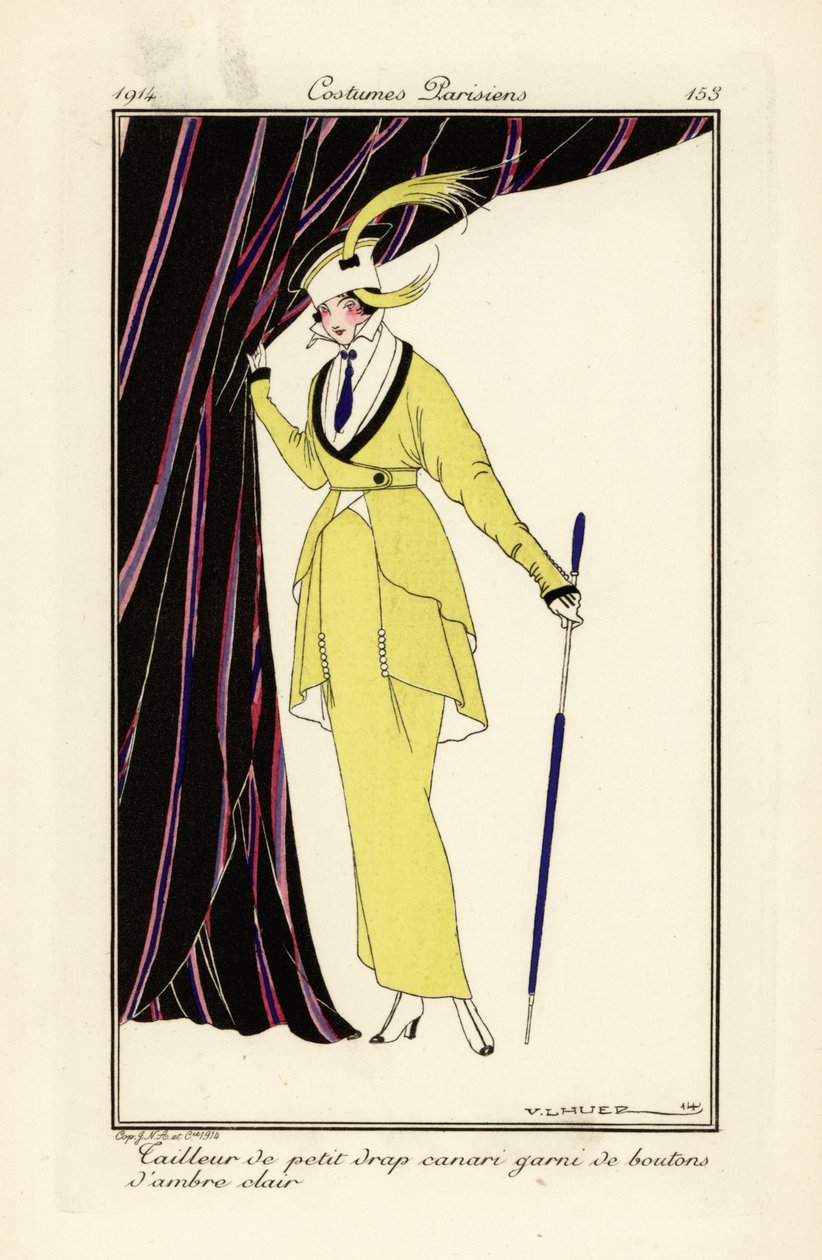 Femme en robe jaune canari avec des boutons d