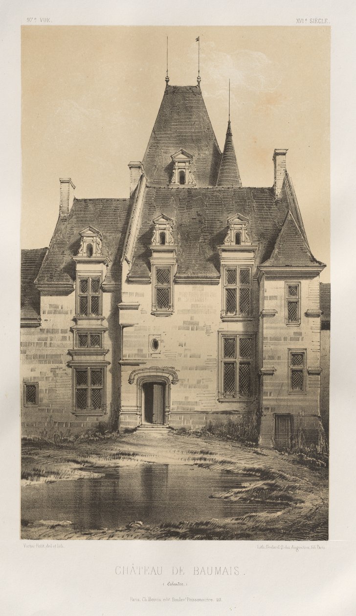 Architecture Pittoresque ou Monuments des XVeme et XVIeme Siècles: Châteaux de France des XV et XVI Siècles: Pl. 97, Château de Baumais (Calvados) - Victor Petit