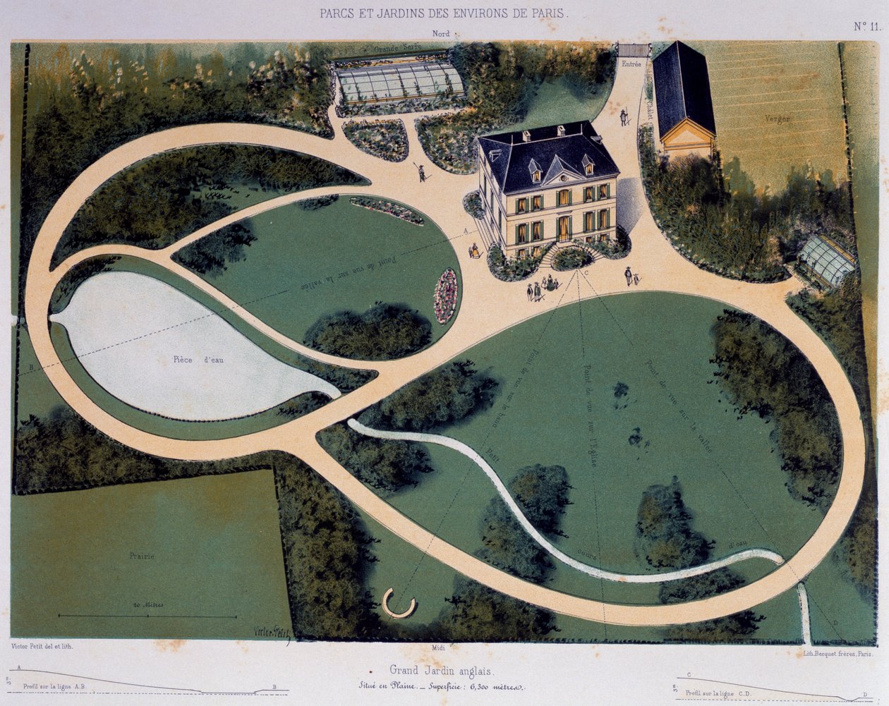 Grand jardin anglais de 6300 mètres carrés, Illustration tirée de Parcs et Jardins des environs de Paris, vers 1850, Lithographie de Victor Petit (1818-1871), France - Victor Petit
