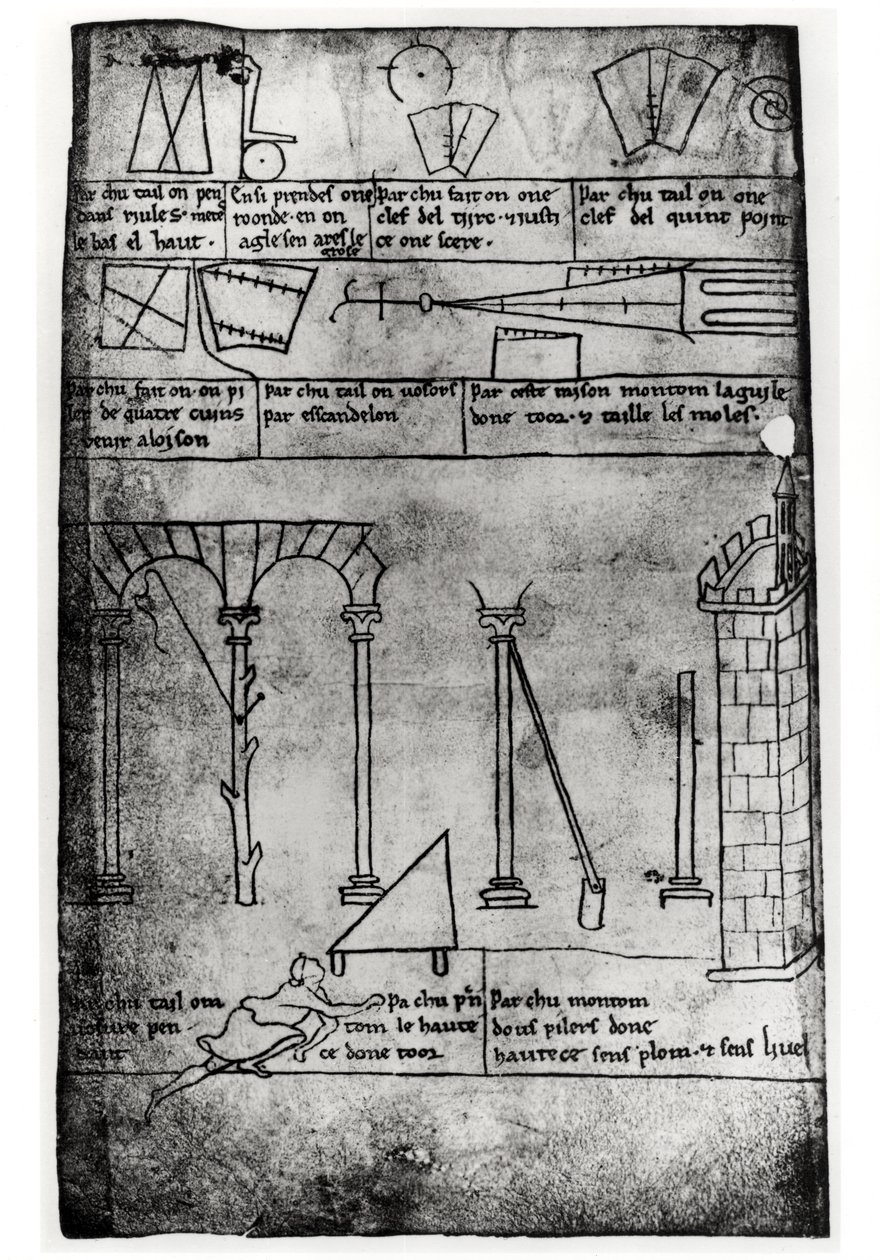 Ms.Fr.19093 fol.20v Figures géométriques pour la construction, arches et homme mesurant la hauteur d