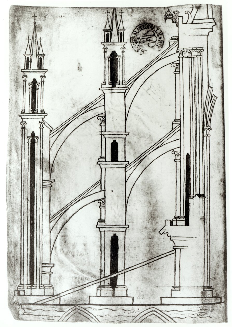 Ms Fr 19093 f.32v Section du mur et arche des chapelles absidiales de la cathédrale de Reims (copie fac-similé) - Villard de Honnecourt