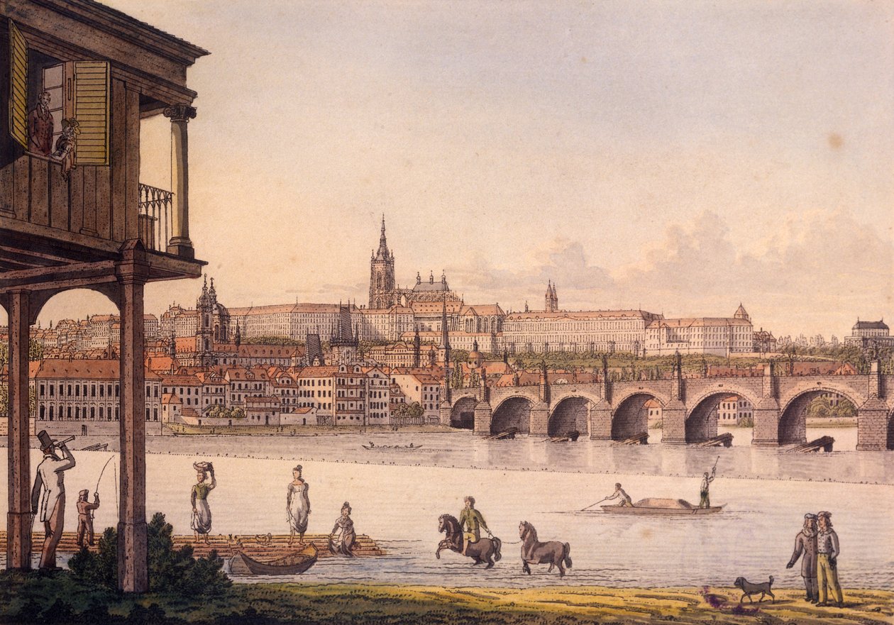Vue du Petit Quartier et du Château de Prague Hradcany depuis le Bain de Papouek, 1825 - Vincenc Morstadt