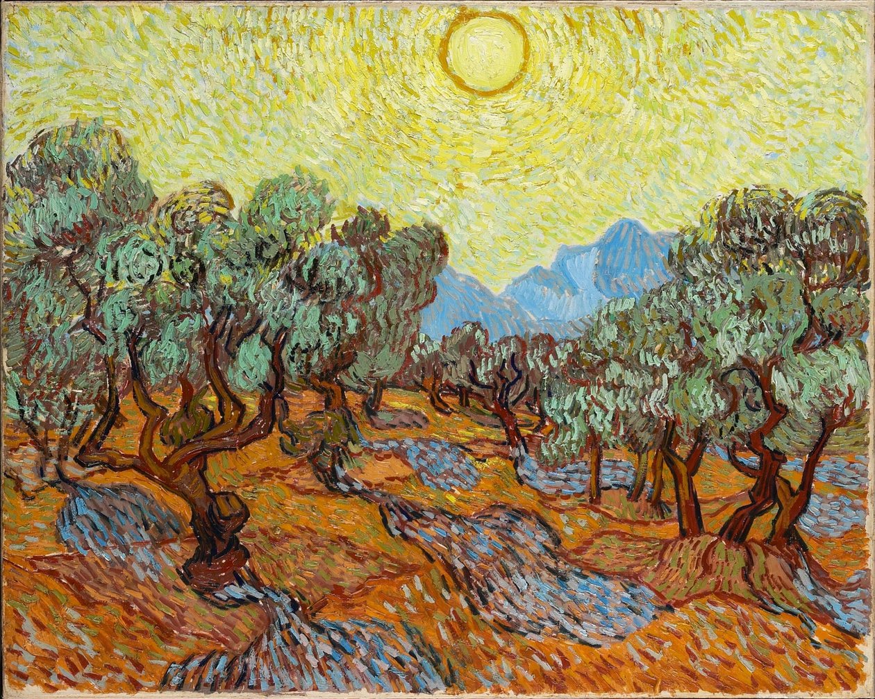 Oliviers avec ciel jaune et soleil - Vincent van Gogh