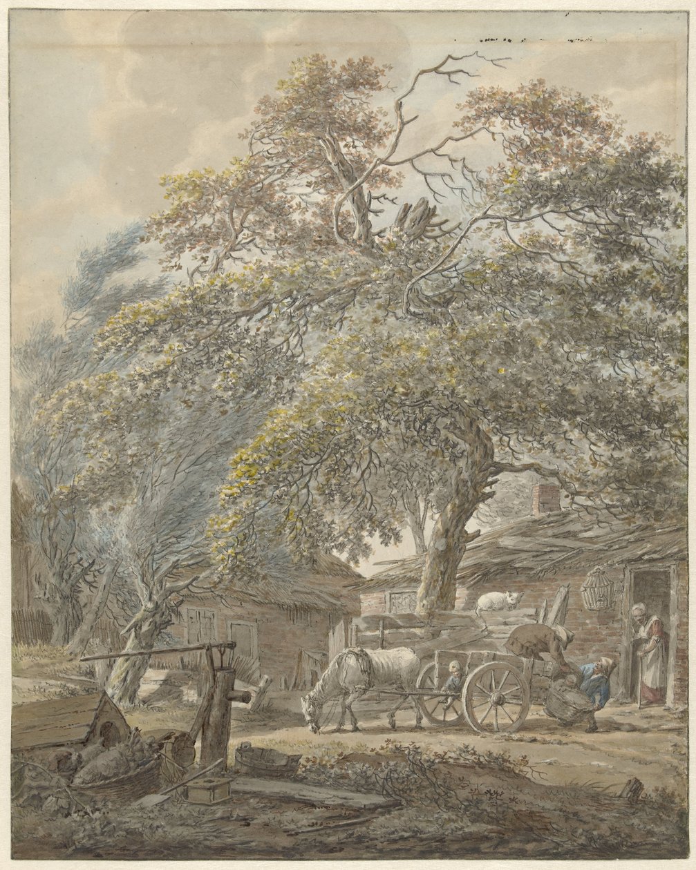 Cour de ferme avec deux hommes chargeant un berceau sur une charrette - Vincent Jansz. van der Vinne