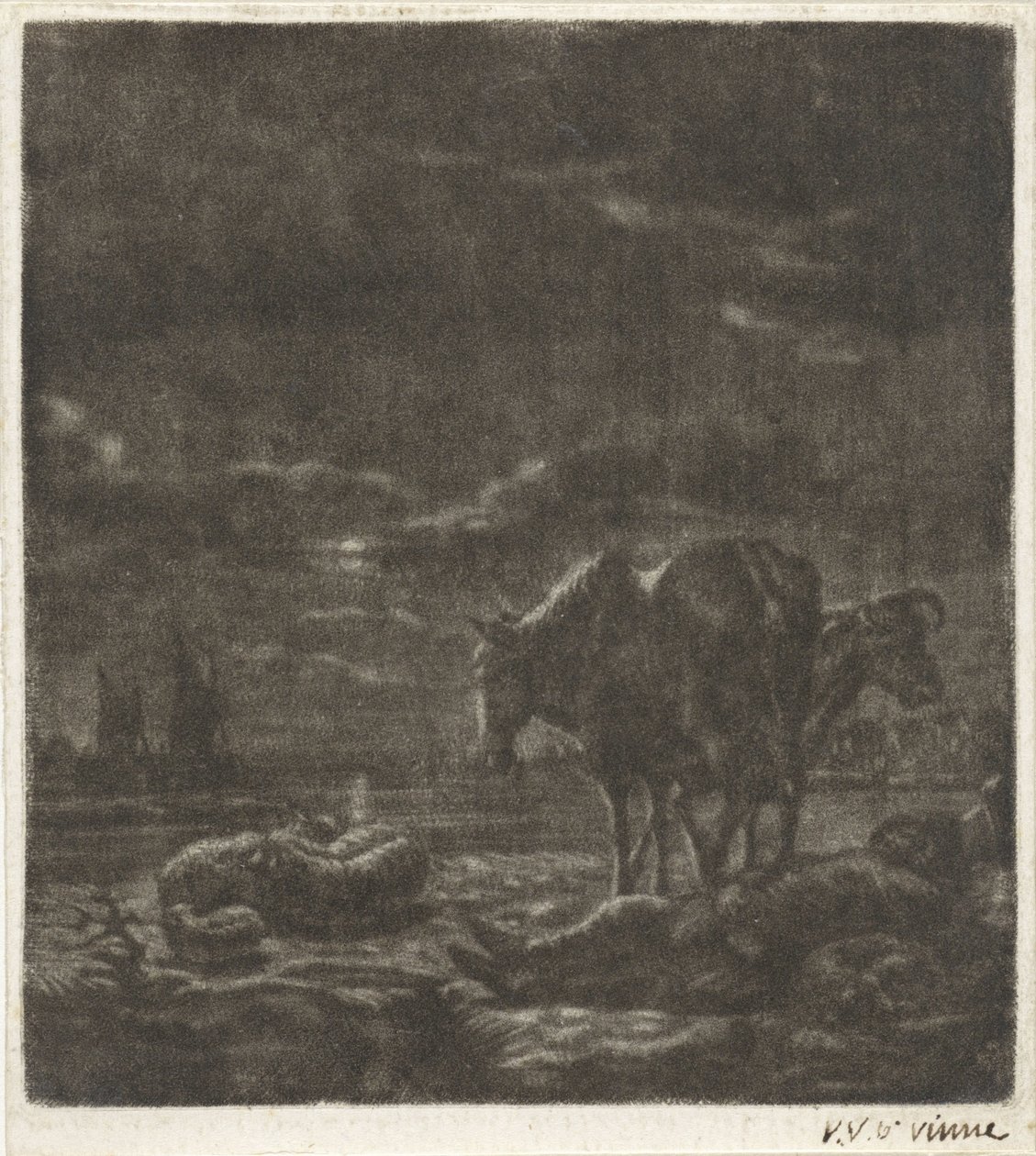 Paysage nocturne avec berger endormi et bétail - Vincent Laurensz. van der Vinne (II)