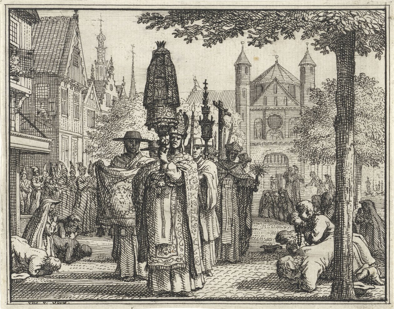Procession avec une statue dans une rue - Vincent Laurensz. van der Vinne (II)