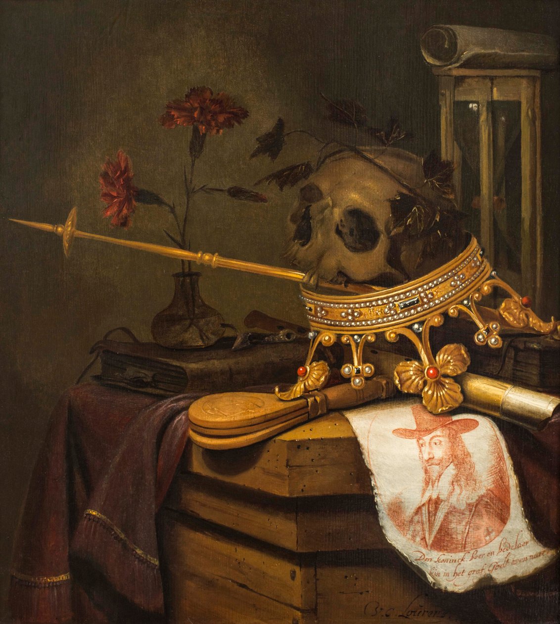 Nature morte de vanité avec un crâne, une couronne, un sceptre, une flûte, un soufflet, un sablier, des œillets dans un vase en verre, un parchemin, un livre et un portrait gravé de Charles Ier - Vincent Laurensz van der Vinne