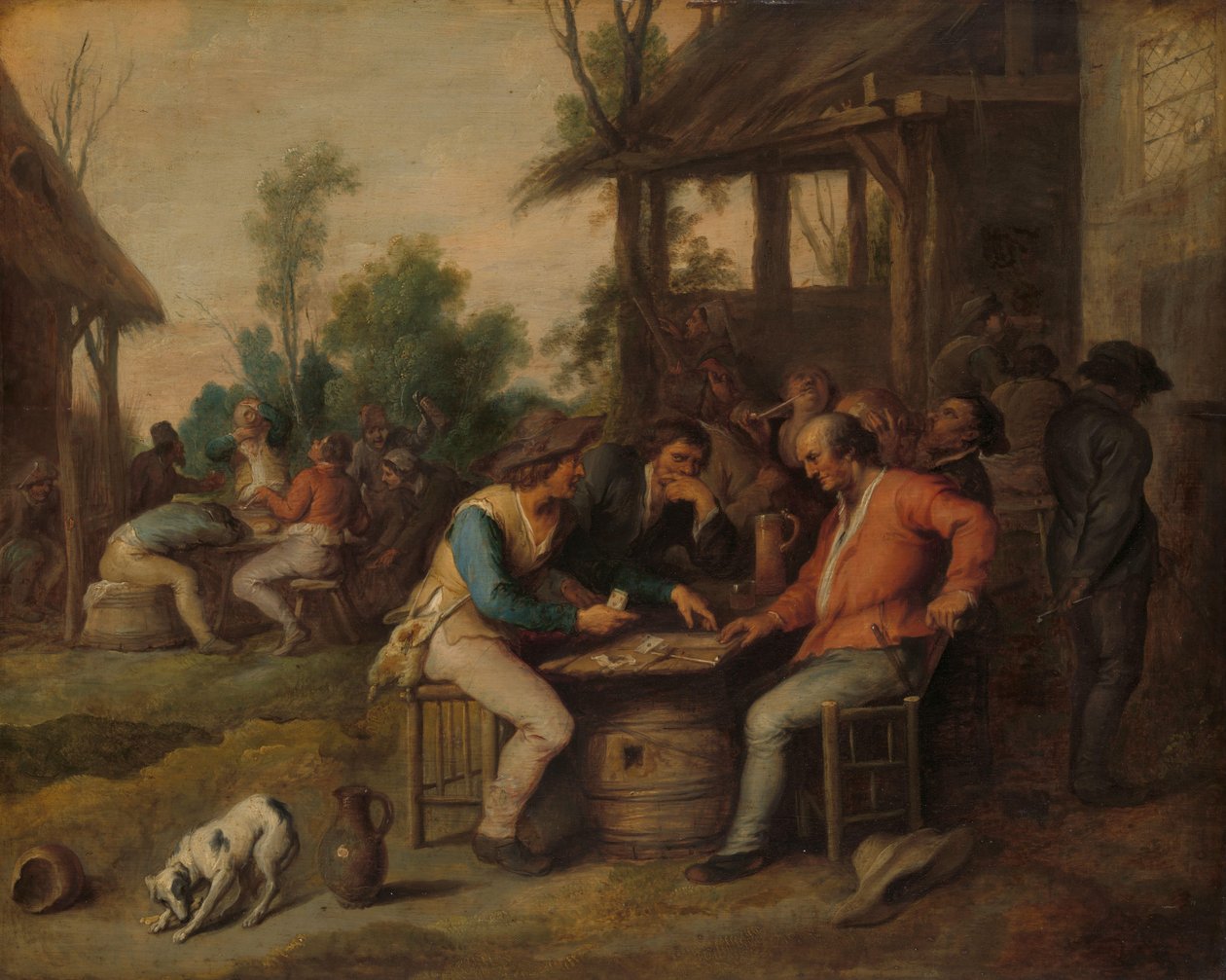 Deux hommes jouant aux cartes devant une auberge de campagne - Vincent Malò (II) (attributed to)