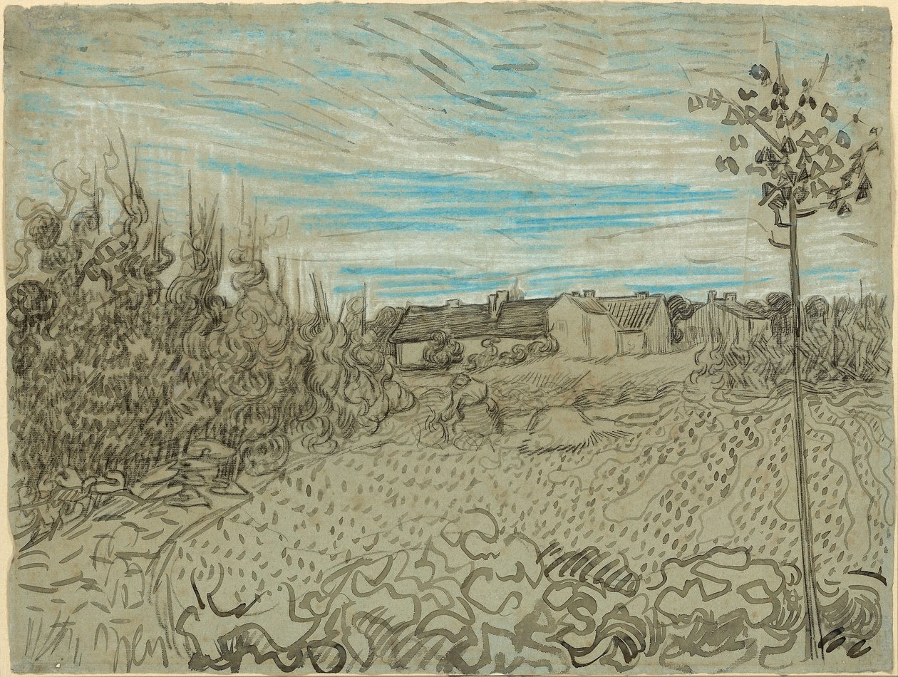 Cottages avec une femme travaillant au milieu - Vincent van Gogh