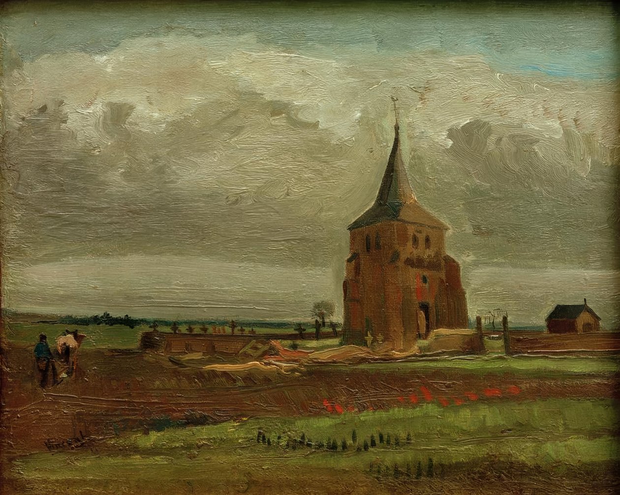 La vieille tour du cimetière à Nuenen avec un paysan labourant - Vincent van Gogh