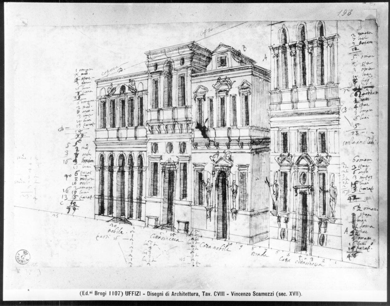 Dessin de la façade de la Galleria degli Uffizi, conçue par Giorgio Vasari (1511-74) et achevée par Bernardo Buontalenti (1531-1608) et Alfonso Parigi (d.1590) en 1580 - Vincenzo Scamozzi