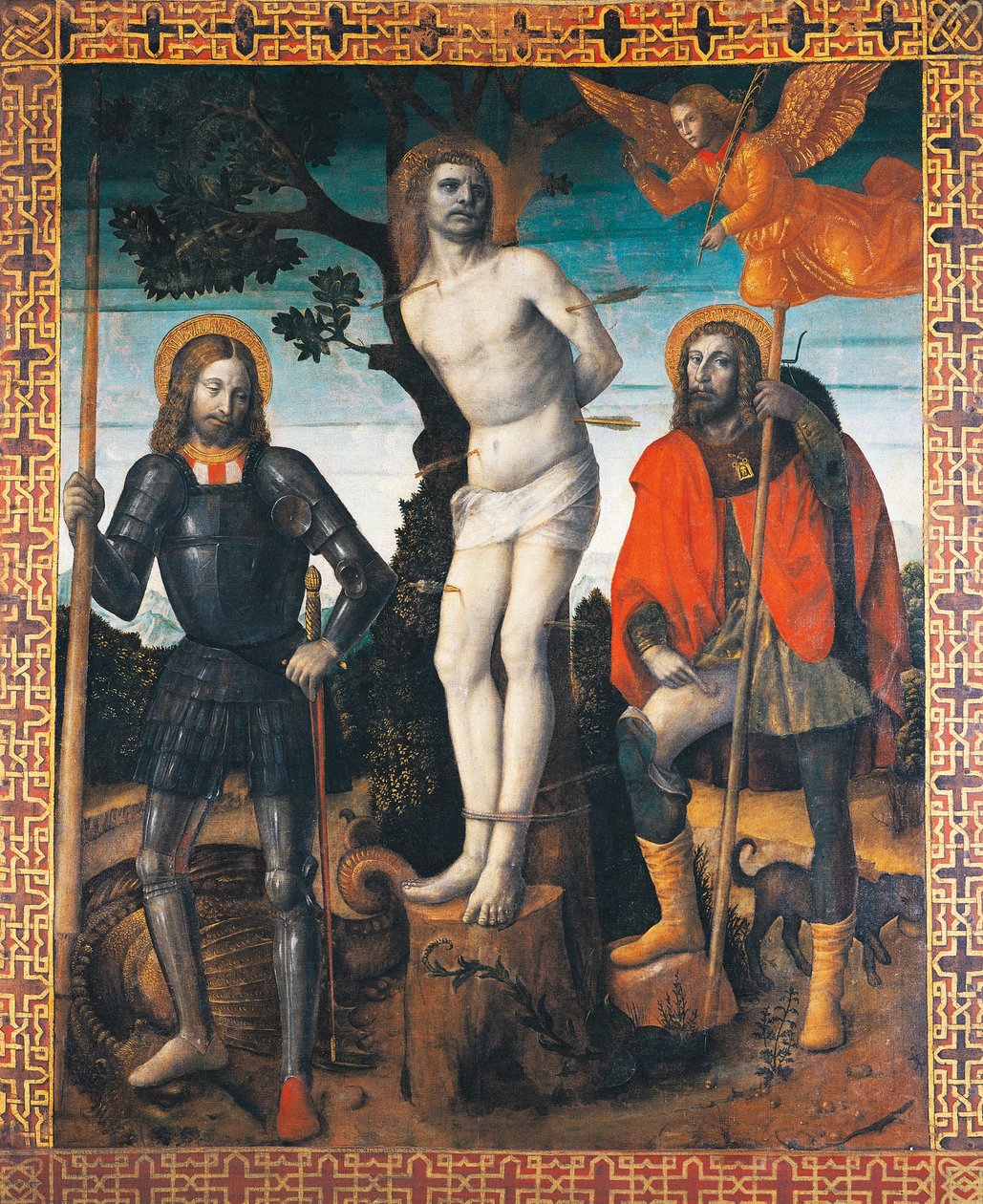 Saint Sébastien, Saint Roch et Saint Georges, revers de la bannière processionnelle d