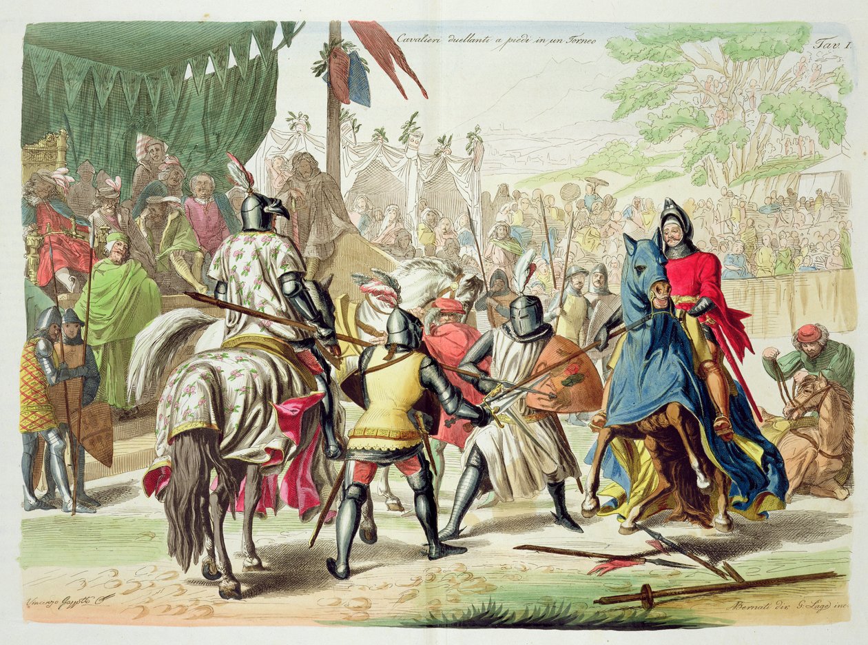 Chevaliers duelant à pied dans un tournoi, planche 1 de L