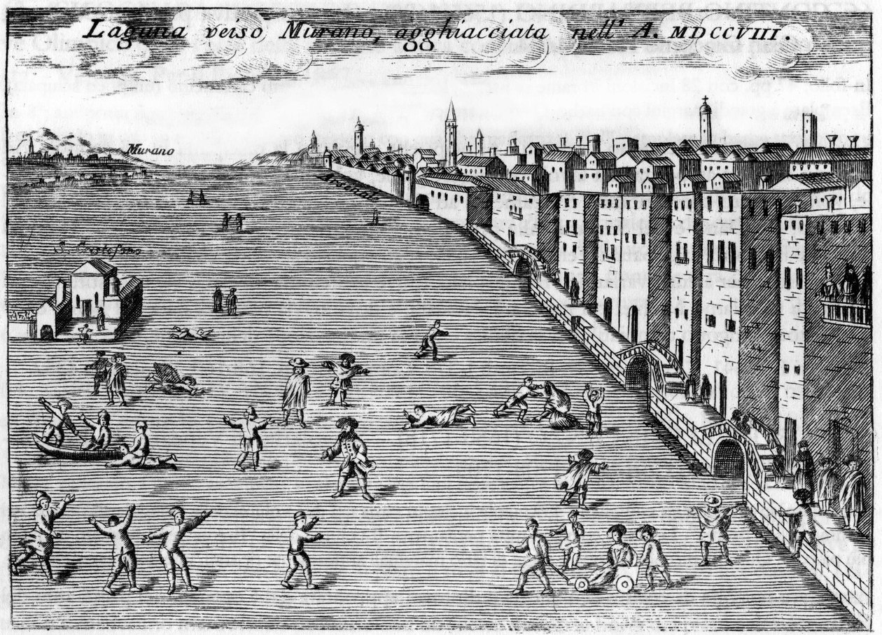 Venise, Italie. La lagune vers Murano glacée en 1708 dans « Singolarità di Venezia » par Vincenzo Coronelli (1650-1718) - Vincenzo Maria Coronelli
