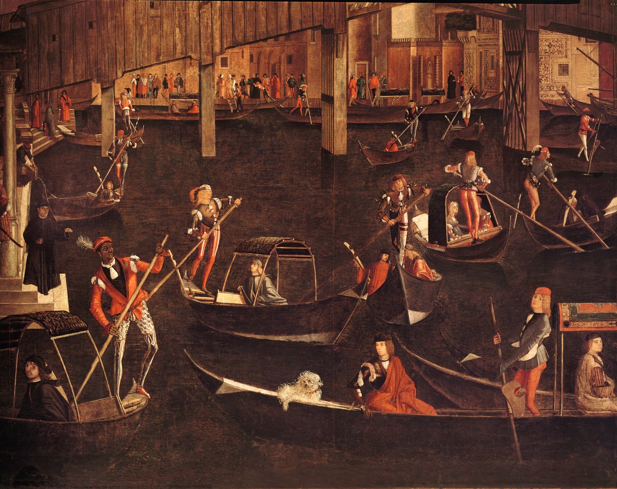 Gondoliers sur le Grand Canal, détail du Miracle de la Relique de la Vraie Croix sur le Pont du Rialto, 1494 - Vittore Carpaccio