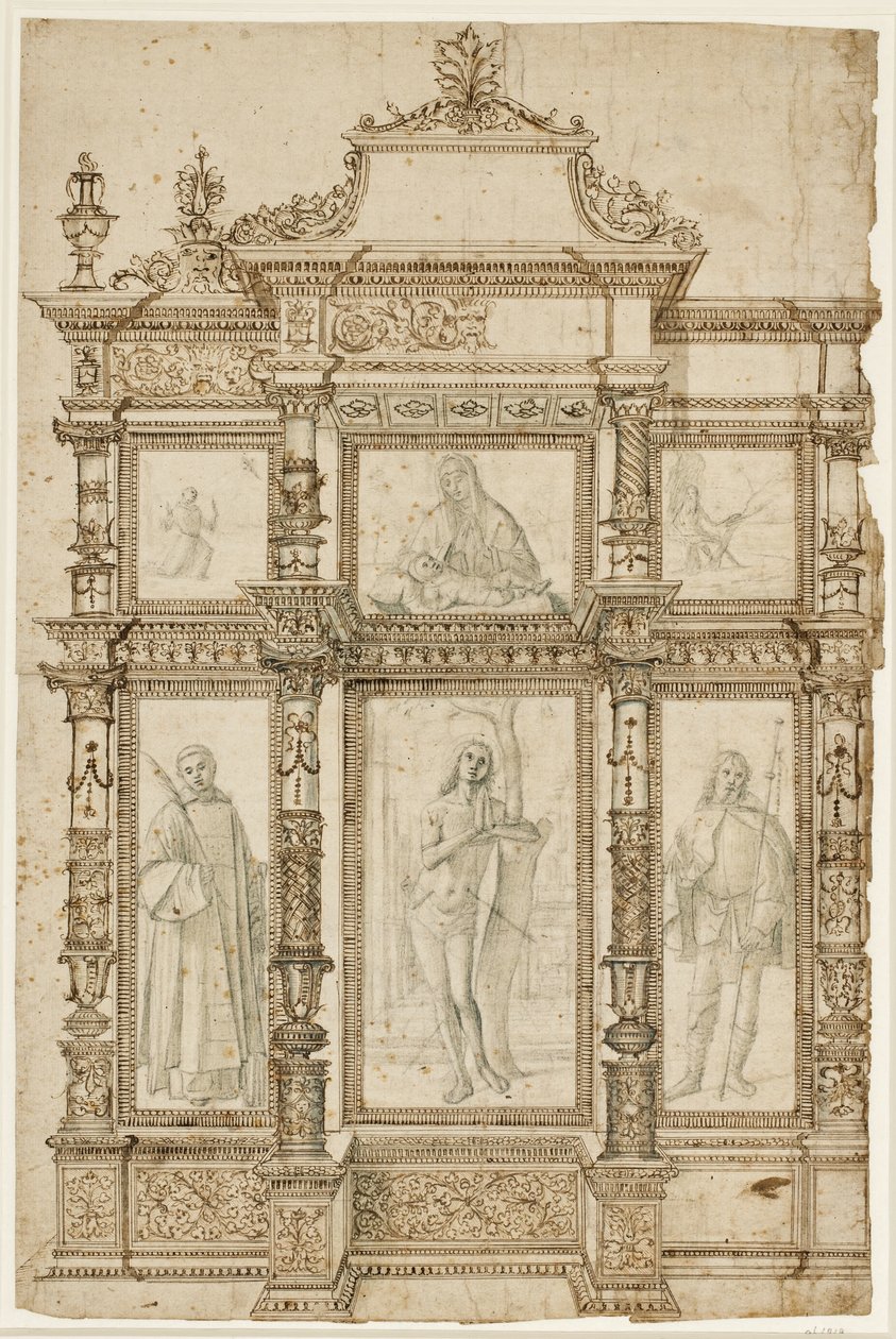 Étude pour un retable avec six images dans une structure ornée de cadres. Haut : La stigmatisation de Saint François, Madone et Enfant, Saint Jérôme dans le désert ; bas : Saints Laurent, Sébastien et Roch - Vittore Carpaccio