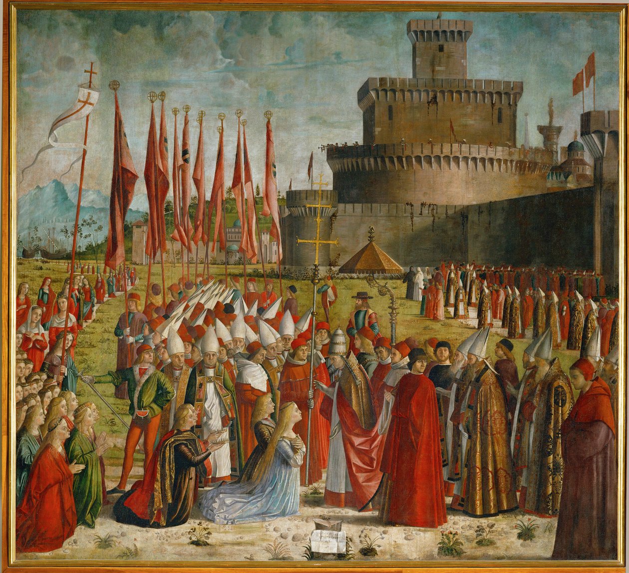 Les pèlerins rencontrent le pape Cyriaque devant les murs de Rome (peinture) - Vittore Carpaccio
