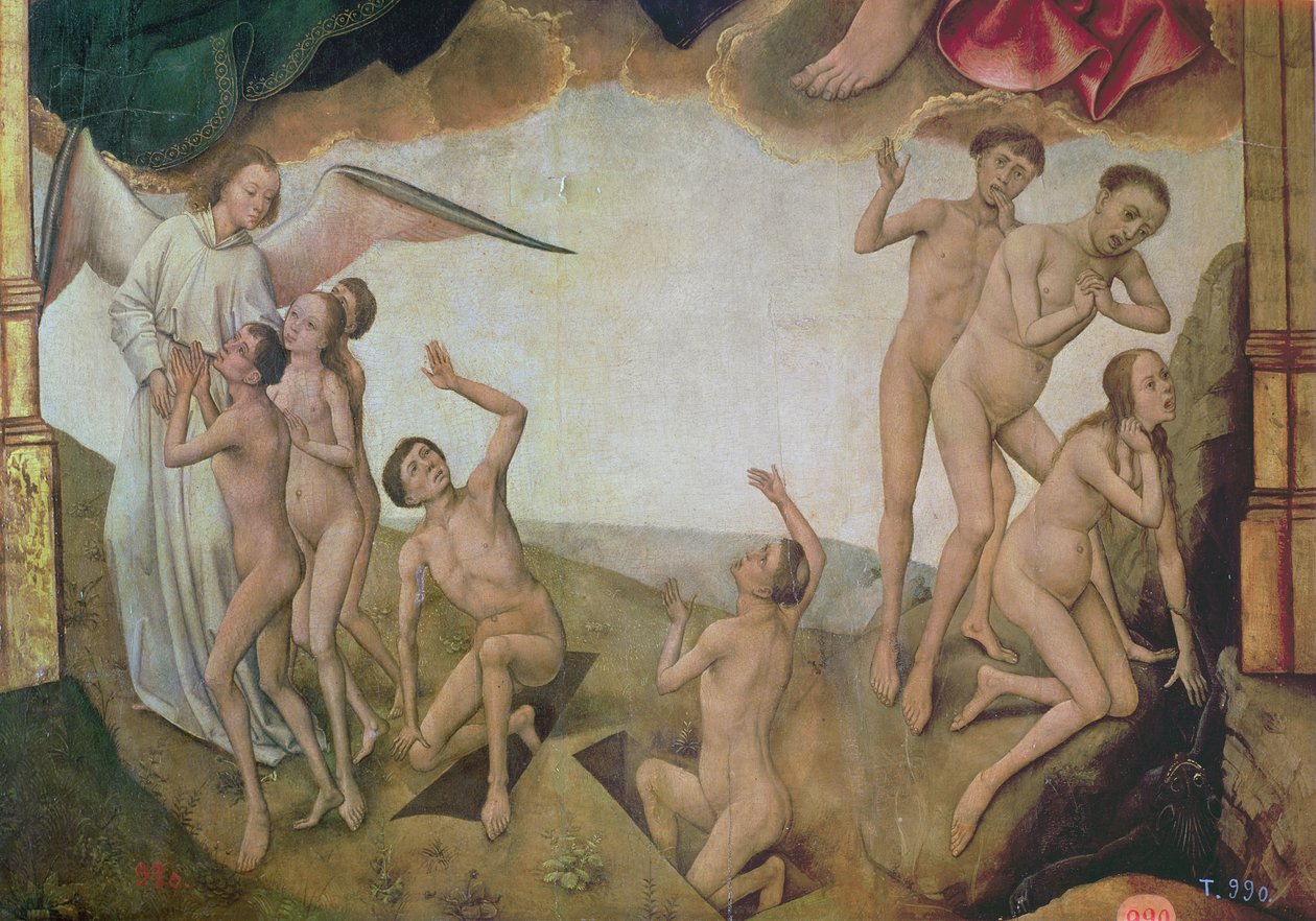 Un ange accueille les bienheureux au paradis tandis que les damnés sont entraînés en enfer par des démons (détail du Jugement Dernier et de la Résurrection des Morts du Triptyque de la Rédemption) - Vrancke van der Stockt
