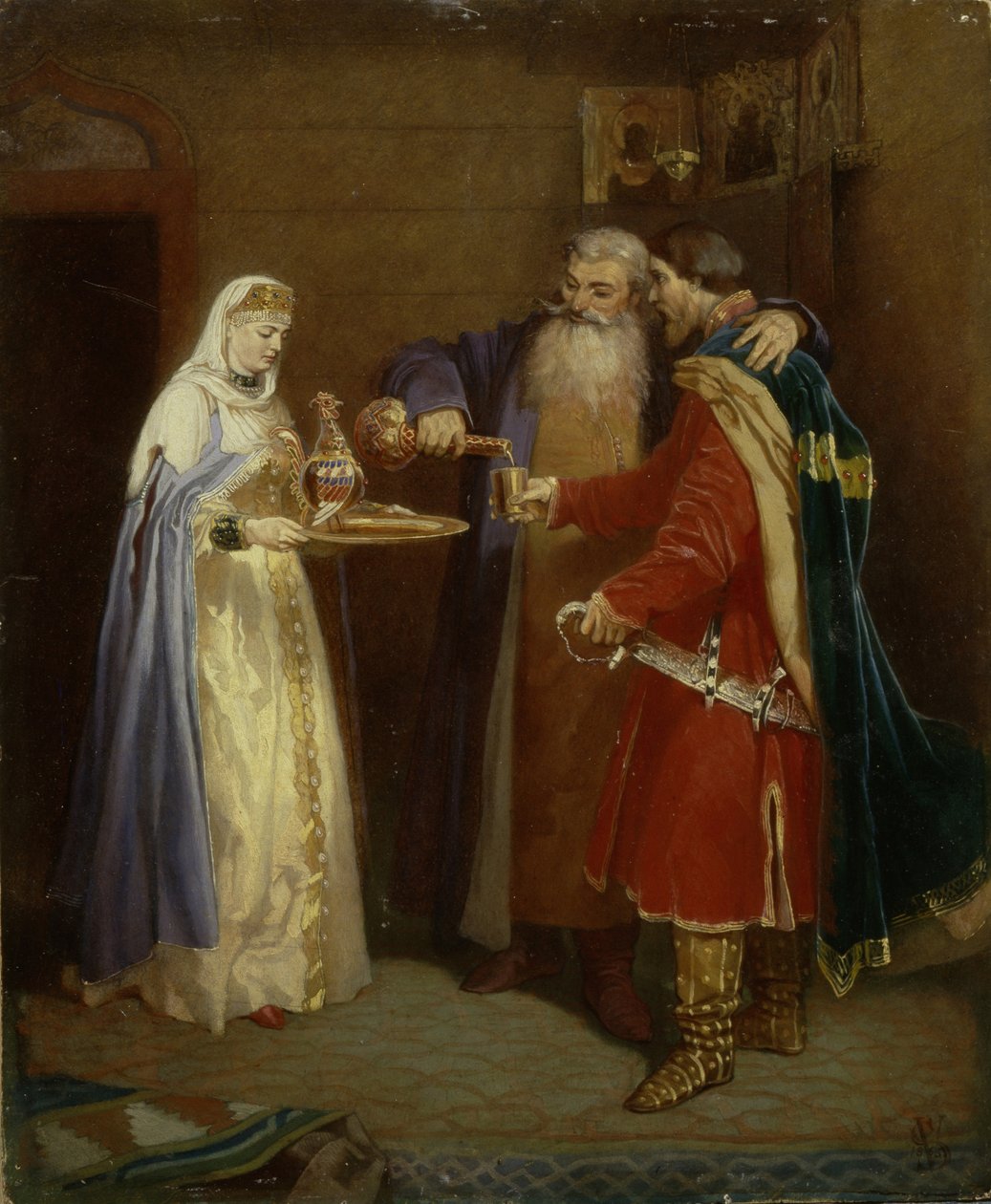 Accueil du boyard Prince Serebrenni visitant Boyar Morozov, 1865 - Vyacheslav Grigoryevich Schwarz