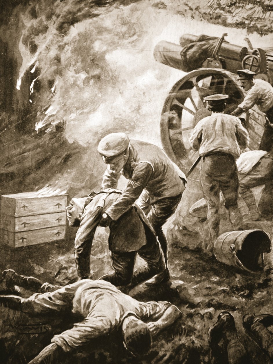 Le sergent T. Green sauvant, seul, trois hommes grièvement blessés d