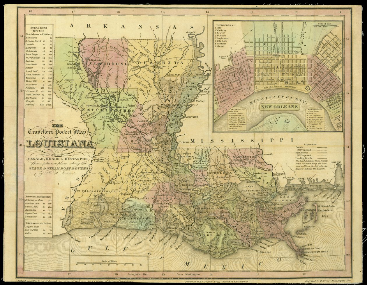 Carte de poche du voyageur de la Louisiane, publiée en 1830 - W. Brose