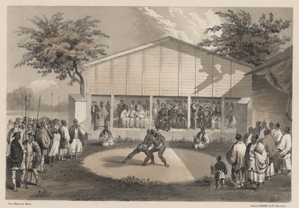 Lutteurs à Yokohama, lithographie par Sarony und Co., 1855 - W. T. Peters
