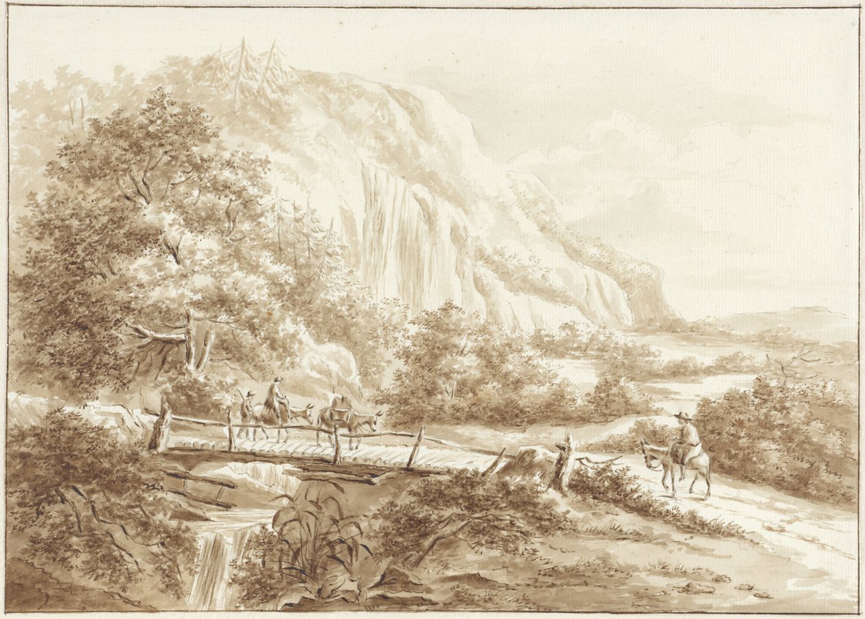 Paysage de montagne avec voyageurs sur des ânes traversant un pont en bois - W.C.E. Roelofs