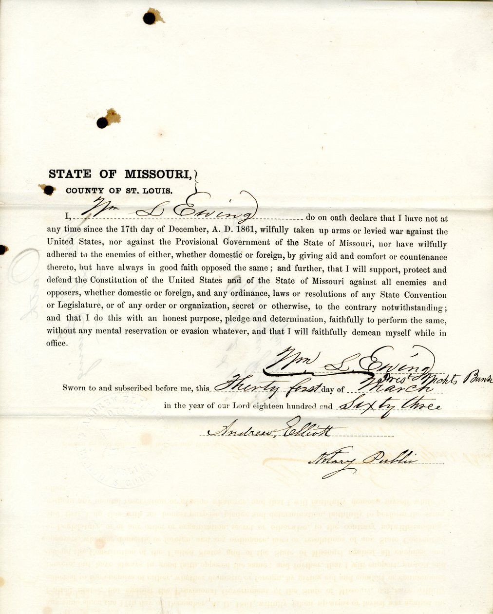 Serment de loyauté de Wm. L. Ewing du Missouri, Comté de St. Louis - W.L. Ewing