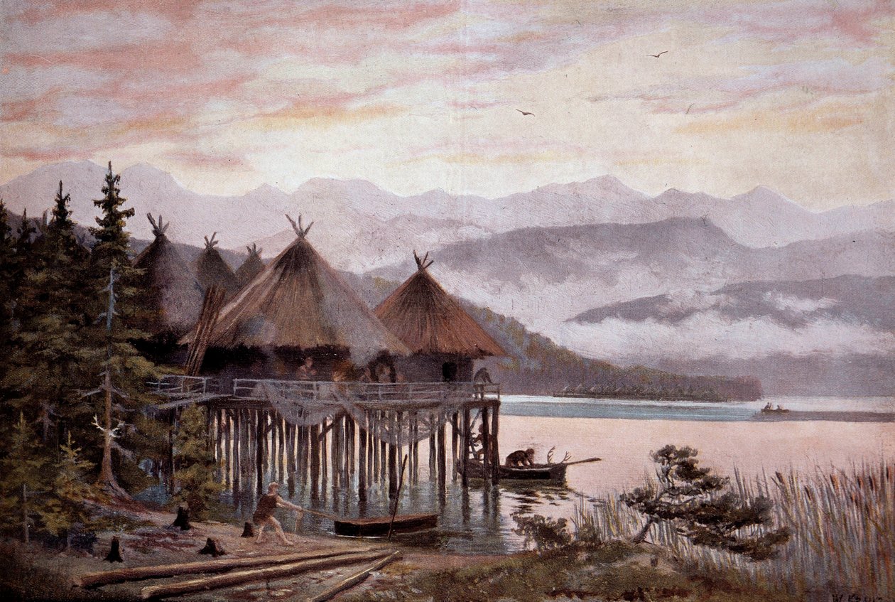 Préhistoire : village bâti sur pilotis sur les rives du lac de Zurich à l