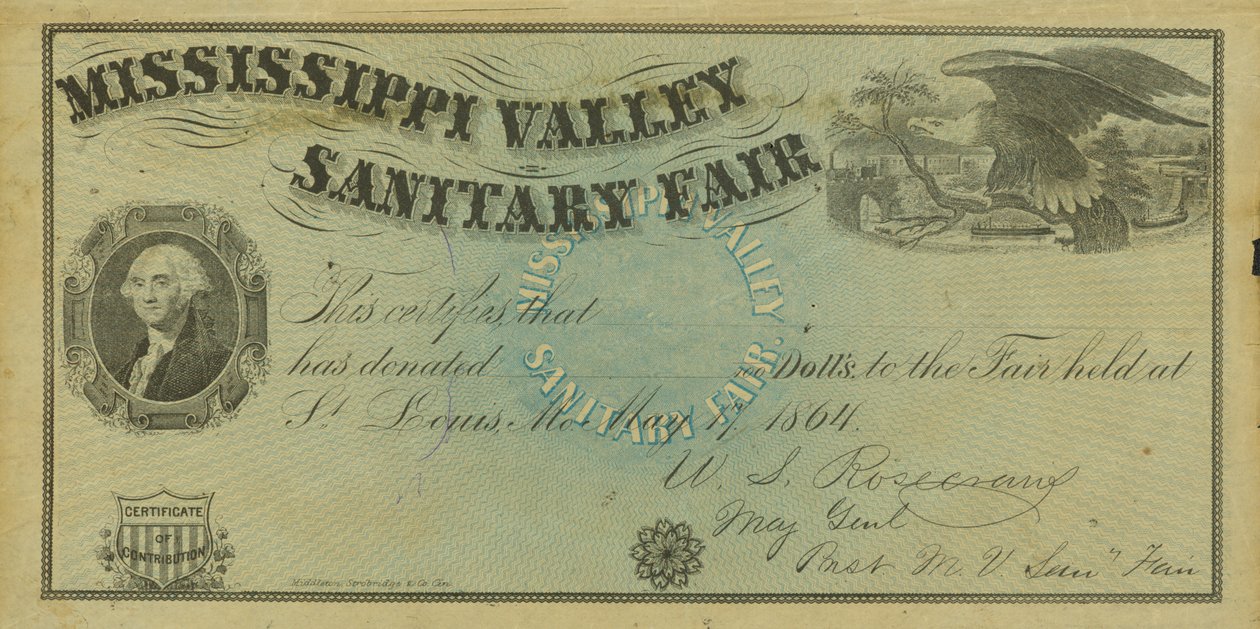 Certificat de contribution illustré vierge pour les dons faits à la Foire sanitaire de la vallée du Mississippi, 7 mai 1864 - W. A. Rosecrans