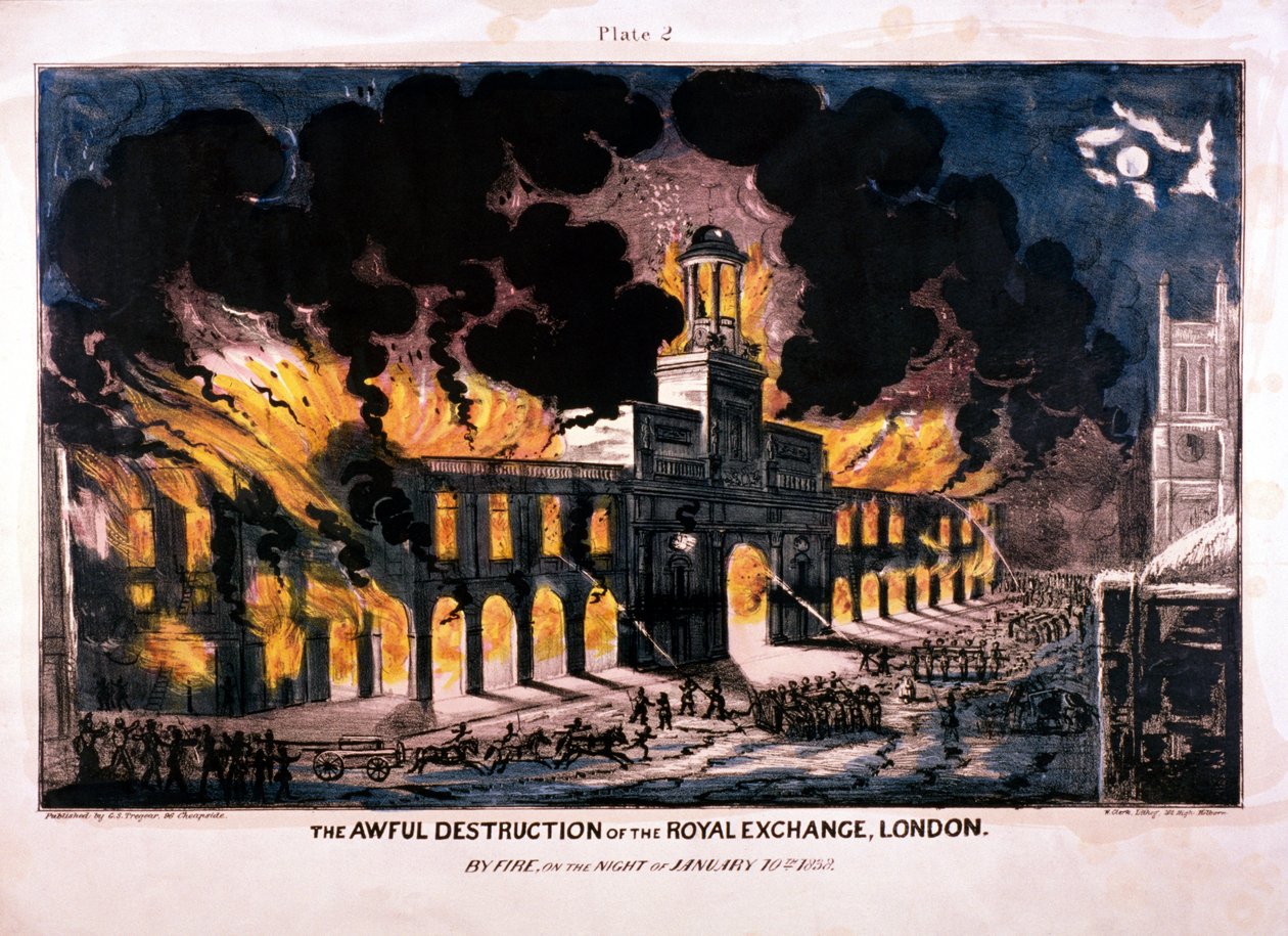 La terrible destruction de la Bourse Royale 2e incendie, Londres, 1838 - W Clerk