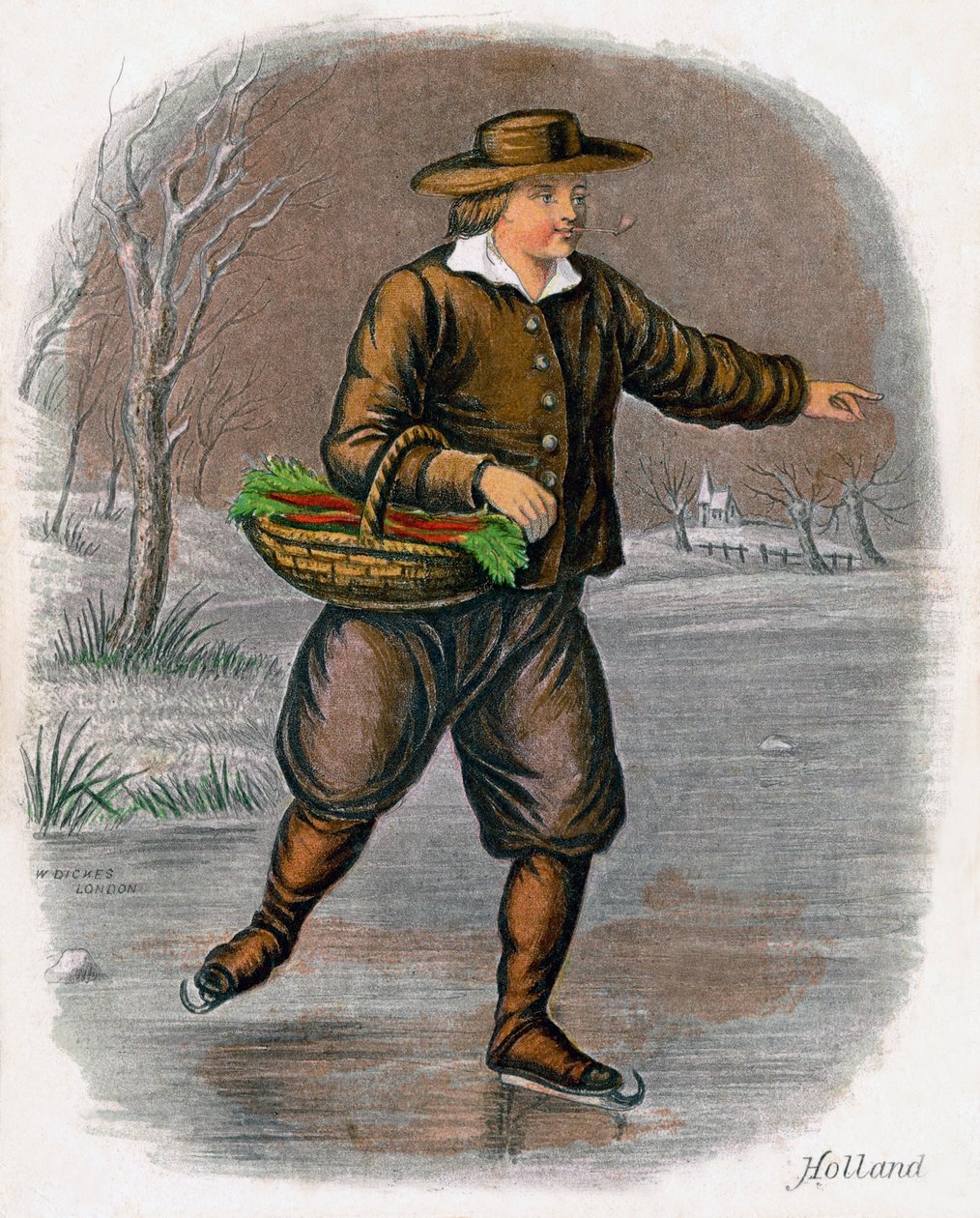 Homme hollandais patinant avec un panier de légumes, 1809 - W. Dickes