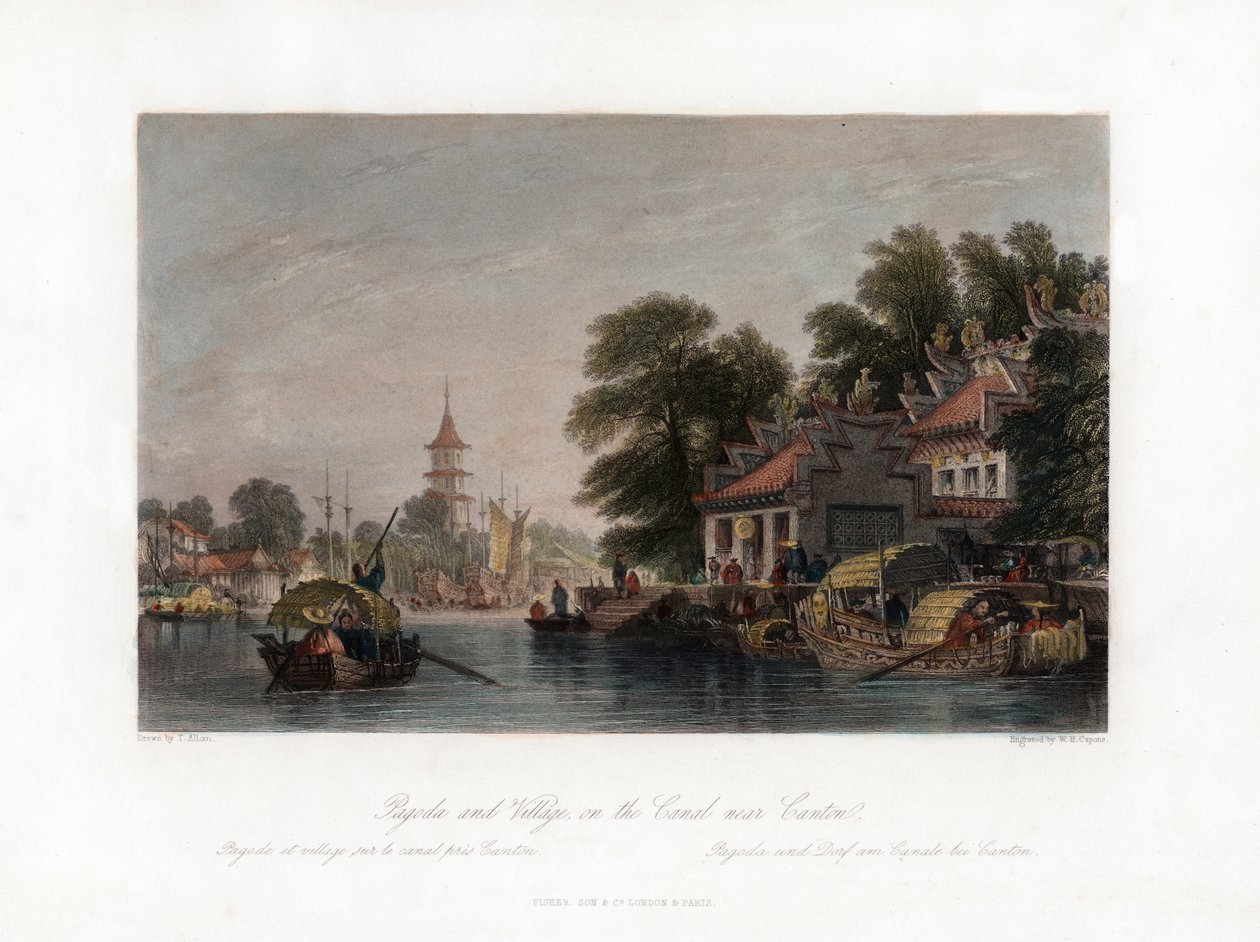 Pagode et village, sur le canal près de Canton, Chine, c1840 - W. H. Capone